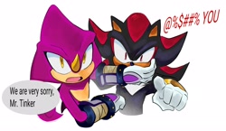 Size: 2048x1189 | Tagged: safe, artist:p1ctur33, espio the chameleon, shadow the hedgehog, covering another's mouth, covering mouth, dialogue, duo, english text, gay, mouth open, offscreen character, open mouth, pointing, shadpio, shipping, simple background, standing, white background