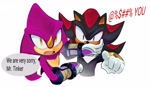 Size: 2048x1189 | Tagged: safe, artist:p1ctur33, espio the chameleon, shadow the hedgehog, covering another's mouth, covering mouth, dialogue, duo, english text, gay, mouth open, offscreen character, open mouth, pointing, shadpio, shipping, simple background, standing, white background