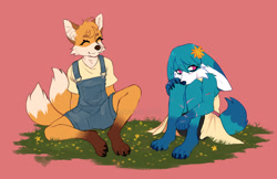 Size: 2048x1330 | Tagged: safe, artist:markov--chains, kit the fennec, miles "tails" prower, 2024, barefoot, beanbrows, claws, clothes, cute, dress, duo, eyebrow clipping through hair, flower, grass, headcanon, kit x tails, lesbian, overalls, paws, red background, scar, shipping, signature, sitting, trans female, transgender