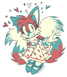 Size: 596x679 | Tagged: safe, artist:ocdkitsunami, miles "tails" prower, 2025, clothes, cute, dress, freckles, heart, limited palette, looking at viewer, one fang, signature, simple background, smile, solo, standing, trans female, trans girl tails, trans pride, transgender, white background