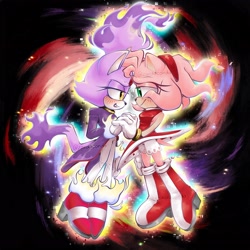 Size: 2048x2048 | Tagged: safe, artist:zandaconda, amy rose, blaze the cat, 2025, abstract background, amy x blaze, duo, holding hands, lesbian, looking at each other, mid-air, shipping