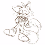 Size: 1500x1500 | Tagged: safe, artist:sonicpridecorner, miles "tails" prower, 2025, :3, blushing, cute, eyelashes, eyes closed, heart, heart hands, intersex, intersex pride, line art, monochrome, nonbinary, sketch, smile, solo, standing, tailabetes