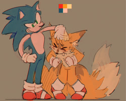 Size: 2048x1638 | Tagged: safe, artist:reverienco, miles "tails" prower, sonic the hedgehog, 2025, aged up, beige background, blushing, clenched fists, color palette, cute, duo, eyes closed, hand on hip, headpats, looking at them, older, simple background, smile, standing, wagging tail