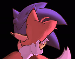 Size: 2048x1607 | Tagged: safe, artist:star-stages, miles "tails" prower, sonic the hedgehog, 2025, black background, duo, eyes closed, hugging, simple background
