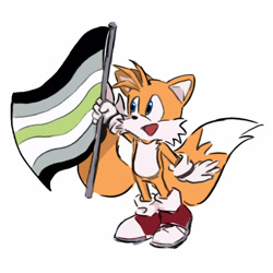 Size: 2048x2046 | Tagged: safe, artist:whereisthemask, miles "tails" prower, 2025, agender, agender pride, cute, flag, holding something, looking offscreen, pride, pride flag, simple background, smile, solo, standing, white background