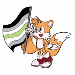 Size: 2048x2046 | Tagged: safe, artist:whereisthemask, miles "tails" prower, 2025, agender, agender pride, cute, flag, holding something, looking offscreen, pride, pride flag, simple background, smile, solo, standing, white background