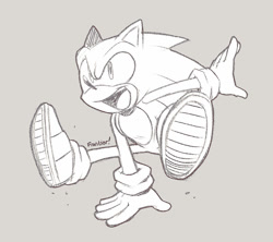 Size: 693x616 | Tagged: safe, artist:superscourge, sonic the hedgehog, 2025, grey background, hand on ground, looking offscreen, mid-air, monochrome, mouth open, open mouth, open smile, signature, simple background, smile, solo