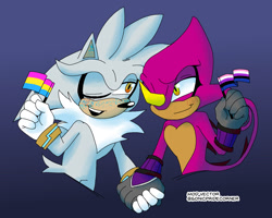 Size: 1500x1200 | Tagged: safe, artist:sonicpridecorner, espio the chameleon, silver the hedgehog, blushing, duo, flag, gay, genderfluid, genderfluid pride, gradient background, holding hands, holding something, looking at each other, one eye closed, pansexual, pansexual pride, pride, pride flag, shipping, signature, silvio, smile