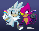 Size: 1500x1200 | Tagged: safe, artist:sonicpridecorner, espio the chameleon, silver the hedgehog, blushing, duo, flag, gay, genderfluid, genderfluid pride, gradient background, holding hands, holding something, looking at each other, one eye closed, pansexual, pansexual pride, pride, pride flag, shipping, signature, silvio, smile