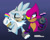 Size: 1500x1200 | Tagged: safe, artist:sonicpridecorner, espio the chameleon, silver the hedgehog, blushing, duo, flag, gay, genderfluid, genderfluid pride, gradient background, holding hands, holding something, looking at each other, one eye closed, pansexual, pansexual pride, pansexual silver, pride, pride flag, shipping, signature, silvio, smile