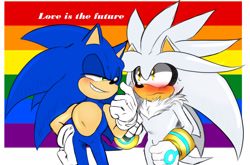 Size: 2048x1349 | Tagged: safe, artist:mylittlewarhoseart, silver the hedgehog, sonic the hedgehog, 2025, blushing, duo, english text, gay, gay pride, pride, pride flag background, shipping, silver, silver x sonic, sonic, standing