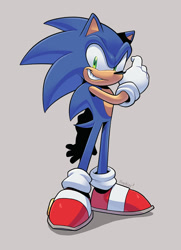Size: 690x952 | Tagged: safe, artist:superscourge, sonic the hedgehog, 2025, clenched teeth, grey background, looking at viewer, signature, simple background, smile, solo, standing