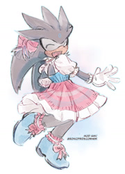 Size: 1184x1644 | Tagged: safe, artist:sonicpridecorner, silver the hedgehog, 2025, bow, dress, eyes closed, mouth open, open smile, signature, smile, solo, trans female, trans girl silver, transgender