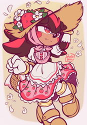 Size: 1080x1550 | Tagged: safe, artist:ghostie-juice, artist:ghostie_berry, shadow the hedgehog, 2025, blushing, crossdressing, dress, femboy, floppy ears, flower, frown, hat, looking offscreen, petal, sandals, signature, solo, sun hat