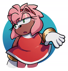 Size: 1871x1957 | Tagged: safe, artist:amyrosedaily, amy rose, 2025, abstract background, chubby, lidded eyes, mouth open, rolling eyes, sassy, solo, standing