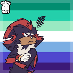 Size: 600x600 | Tagged: safe, artist:graves-yard, shadow the hedgehog, arms folded, frown, gay, icon, mlm pride, pride, pride flag, pride flag background, solo