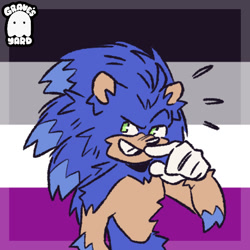 Size: 600x600 | Tagged: safe, artist:graves-yard, sonic the hedgehog, ace, asexual, asexual pride, finger under nose, icon, looking at viewer, pride, pride flag, pride flag background, smile, solo