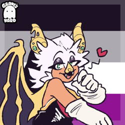 Size: 600x600 | Tagged: safe, artist:graves-yard, rouge the bat, ace, asexual, asexual pride, fangs, heart, icon, lidded eyes, looking at viewer, pride, pride flag, pride flag background, smile, solo