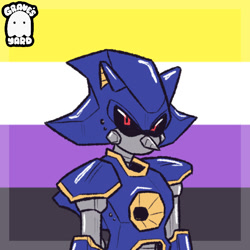 Size: 600x600 | Tagged: safe, artist:graves-yard, metal sonic, icon, looking at viewer, nonbinary, nonbinary pride, pride, pride flag, pride flag background, robot, solo