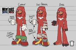 Size: 1457x960 | Tagged: safe, artist:graves-yard, knuckles the echidna, english text, frown, looking at viewer, reference sheet, signature, solo, standing