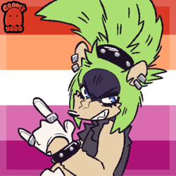 Size: 600x600 | Tagged: safe, artist:graves-yard, surge the tenrec, devil horns (gesture), icon, lesbian, lesbian pride, looking at viewer, pride, pride flag, pride flag background, smile, solo