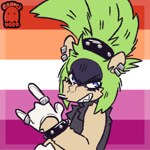 Size: 600x600 | Tagged: safe, artist:graves-yard, surge the tenrec, devil horns (gesture), icon, lesbian, lesbian pride, looking at viewer, pride, pride flag, pride flag background, smile, solo