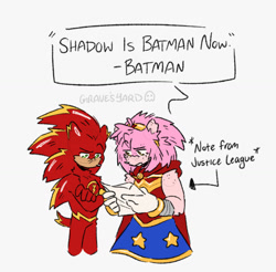 Size: 1029x1012 | Tagged: safe, artist:graves-yard, amy rose, sonic the hedgehog, arms folded, crossover, dialogue, duo, english text, implied shadow, letter, looking at something, marvel, reading, simple background, standing, the flash, white background, wonderwoman