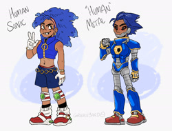 Size: 1966x1492 | Tagged: safe, artist:graves-yard, metal sonic, sonic the hedgehog, human, abstract background, black sclera, character name, clenched fist, cyborg, duo, humanized, looking offscreen, smile, standing, v sign