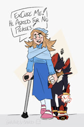 Size: 910x1369 | Tagged: safe, artist:graves-yard, maria robotnik, shadow the hedgehog, human, dialogue, disabled, duo, english text, he asked for no pickles, holding hands, looking offscreen, meme, mouth open, signature, simple background, standing, walking cane, white background