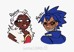 Size: 1309x923 | Tagged: safe, artist:graves-yard, metal sonic, rouge the bat, human, black sclera, bust, cyborg, duo, english text, humanized, looking at viewer, signature, simple background, smile, white background