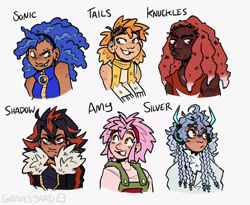 Size: 2031x1668 | Tagged: safe, artist:graves-yard, amy rose, knuckles the echidna, miles "tails" prower, shadow the hedgehog, silver the hedgehog, sonic the hedgehog, human, bust, character name, frown, group, humanized, jacket, looking offscreen, overalls, scarf, shirt, smile