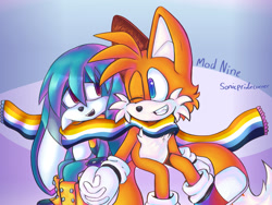 Size: 1600x1200 | Tagged: safe, artist:sonicpridecorner, kit the fennec, miles "tails" prower, abstract background, ace, aro ace pride, aromantic, asexual, duo, holding hands, looking at each other, pride, pride flag, scarf, signature, smile, wink