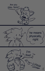 Size: 531x838 | Tagged: safe, artist:chicoryblast, chip, sonic the hedgehog, sonic unleashed, comic, dialogue, duo, english text, frown, grey background, line art, mouth open, one fang, scene interpretation, signature, simple background, sonic the werehog, speech bubble, thought bubble, were form, werehog