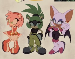 Size: 1458x1146 | Tagged: safe, artist:eggritos, amy rose, rouge the bat, surge the tenrec, beige background, frown, simple background, smile, standing, trio