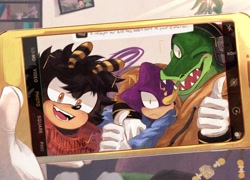 Size: 1494x1074 | Tagged: safe, artist:boonana_ghost, charmy bee, espio the chameleon, vector the crocodile, 2025, abstract background, frown, phone, selfie, smartphone, smile, surprised, team chaotix, thumbs up, trio, wink