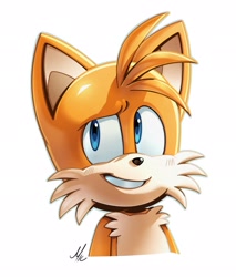 Size: 1741x2048 | Tagged: safe, artist:thatbirdguy_, miles "tails" prower, 2025, bust, looking up, signature, simple background, smile, solo, white background