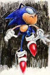 Size: 1386x2048 | Tagged: safe, artist:juniooneonone40, sonic the hedgehog, 2025, classic sonic, frown, looking offscreen, mid-air, solo, traditional media