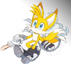 Size: 1120x1044 | Tagged: safe, artist:blake7587292440, miles "tails" prower, nine, sonic the hedgehog, sonic prime, 2025, cute, duo, frown, gradient background, holding hands, offscreen character, solo focus
