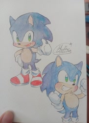 Size: 1488x2048 | Tagged: safe, artist:yadi_delulu, sonic the hedgehog, 2025, blushing, chest fluff, cute, looking at viewer, looking offscreen, smile, solo, sonabetes, standing, thumbs up, traditional media