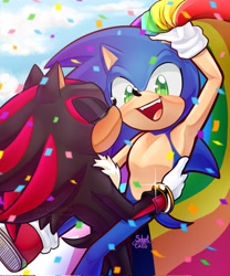 Size: 1707x2048 | Tagged: safe, artist:sckartcats, shadow the hedgehog, sonic the hedgehog, 2025, blushing, carrying them, confetti, duo, eyes closed, gay, holding something, holding them, kiss on cheek, looking at viewer, pride, pride flag, shadow x sonic, shipping, smile, standing