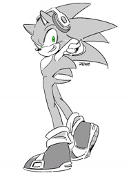 Size: 998x1316 | Tagged: safe, artist:9scati, sonic the hedgehog, 2024, arms behind head, greyscale, headphones, looking at viewer, monochrome, signature, simple background, smile, solo, spot color, standing, white background