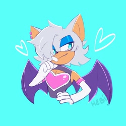 Size: 1714x1714 | Tagged: safe, artist:hebipointo, rouge the bat, 2025, blue background, gender swap, heart, looking offscreen, one fang, signature, simple background, smile, solo