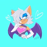Size: 1714x1714 | Tagged: safe, artist:hebipointo, rouge the bat, 2025, blue background, gender swap, heart, looking offscreen, one fang, signature, simple background, smile, solo