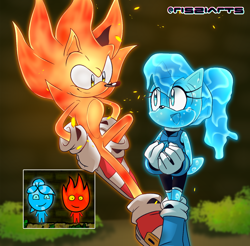 Size: 1356x1333 | Tagged: safe, artist:risziarts, sally acorn, sonic the hedgehog, fireboy (fireboy and watergirl), fireboy and watergirl, sally x sonic, watergirl (fireboy and watergirl)
