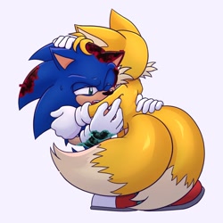 Size: 1286x1286 | Tagged: safe, artist:jeffydust, miles "tails" prower, sonic the hedgehog, sonic frontiers, corruption, duo, gay, hugging, shipping, simple background, sonic x tails, standing, white background