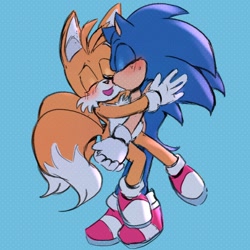 Size: 1440x1440 | Tagged: safe, artist:m27pb, miles "tails" prower, sonic the hedgehog, blue background, blushing, cute, duo, eyes closed, gay, shipping, simple background, smile, sonic x tails