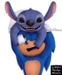 Size: 2500x3000 | Tagged: safe, artist:jocelynminions, sonic the hedgehog, stitch (lilo & stitch)