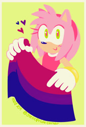 Size: 1086x1600 | Tagged: safe, artist:sonicpridecorner, amy rose, amybetes, bisexual, bisexual pride, border, cute, flag, heart, holding something, looking at viewer, pride, pride flag, signature, simple background, smile, solo, yellow background