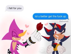 Size: 1193x899 | Tagged: safe, artist:kirby64star, espio the chameleon, shadow the hedgehog, arms folded, duo, facebook messenger, flower, frown, gay, heart, holding something, offering flower, rose, shadpio, shipping, simple background, smile, standing, white background