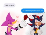 Size: 1193x899 | Tagged: safe, artist:kirby64star, espio the chameleon, shadow the hedgehog, arms folded, duo, facebook messenger, flower, frown, gay, heart, holding something, offering flower, rose, shadpio, shipping, simple background, smile, standing, white background